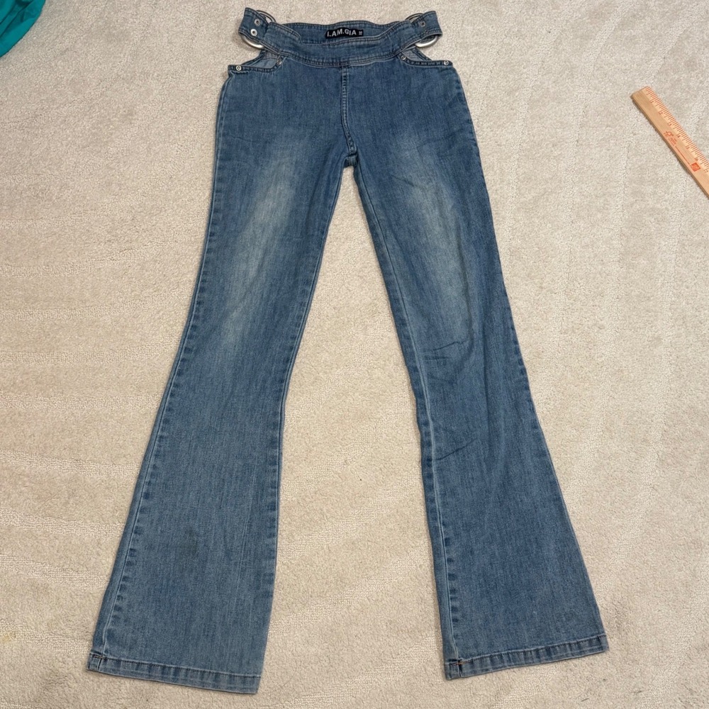 I.AM.GIA Blue Denim Flare Jeans Hip Cut Out O-Ring Y2K XS sexy